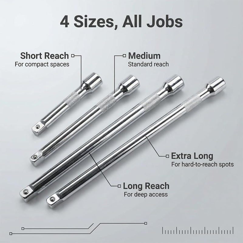 Resze 4 Pcs 1/4" Socket Extension Set, Drive Impact Extension Bar Set, Ratchet Extension Set, 2"(50mm), 3"(75mm), 4"(100mm), 6"(150mm), Premium Chrome Vanadium Steel, Professional Socket Accessories - Image 3